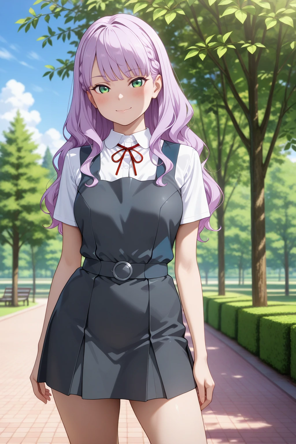 masterpiece, best quality, amazing quality, very aesthetic, absurdres, photorealistic, 1girl, solo,
<lora:wien_izo_IL:0.8>, wien, long hair, wavy hair, purple hair, green eyes,
medium breasts, yuigaoka school uniform, white collared shirt, short sleeves, grey pinafore dress, thighs,
seductive gaze, bedroom eyes, closed mouth, smile,
blush, looking at viewer, standing, contrapposto,
blurry background, outdoors, blue sky, clouds, tree, park,