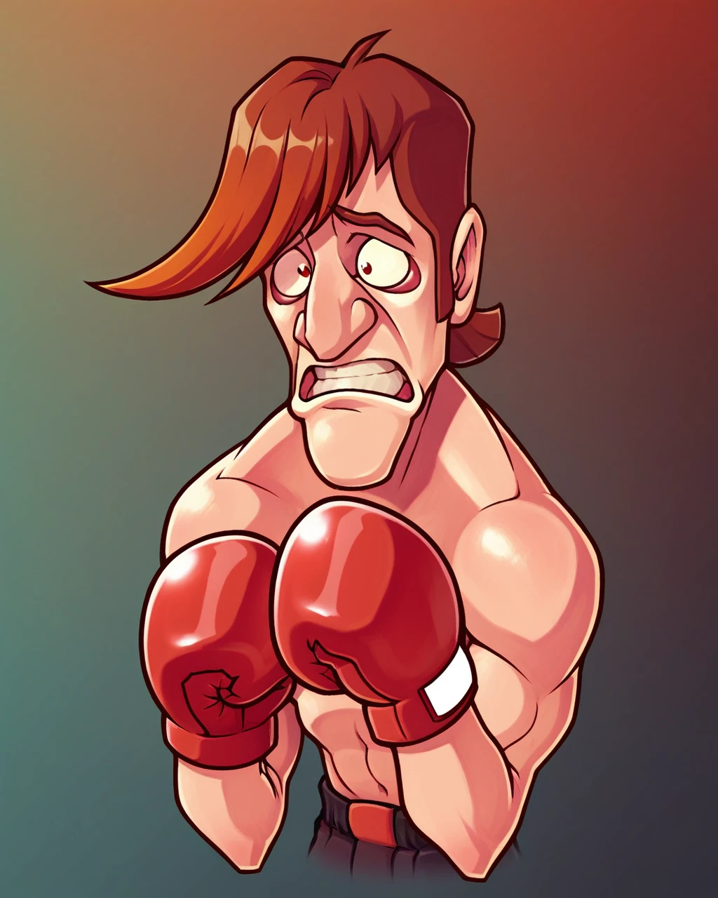 score_9, score_8_up, score_7_up, gl4ssj0e, 1boy, scared, worried, red boxing gloves, dark blue dripping gradient background, pattern background <lora:Glass_Joe_r1:0.8>