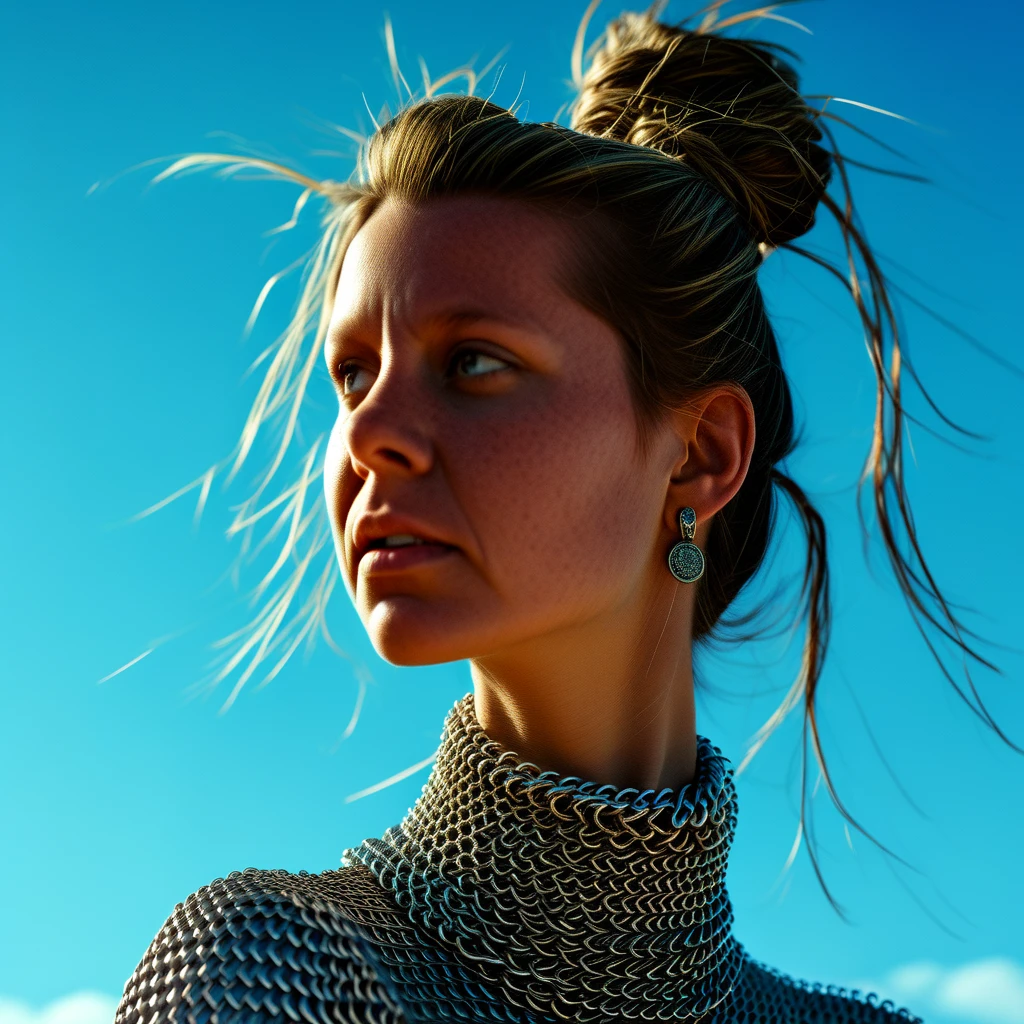 day, realistic, portrait, chainmail, wind, hair bun, upper body, sky, jewelry