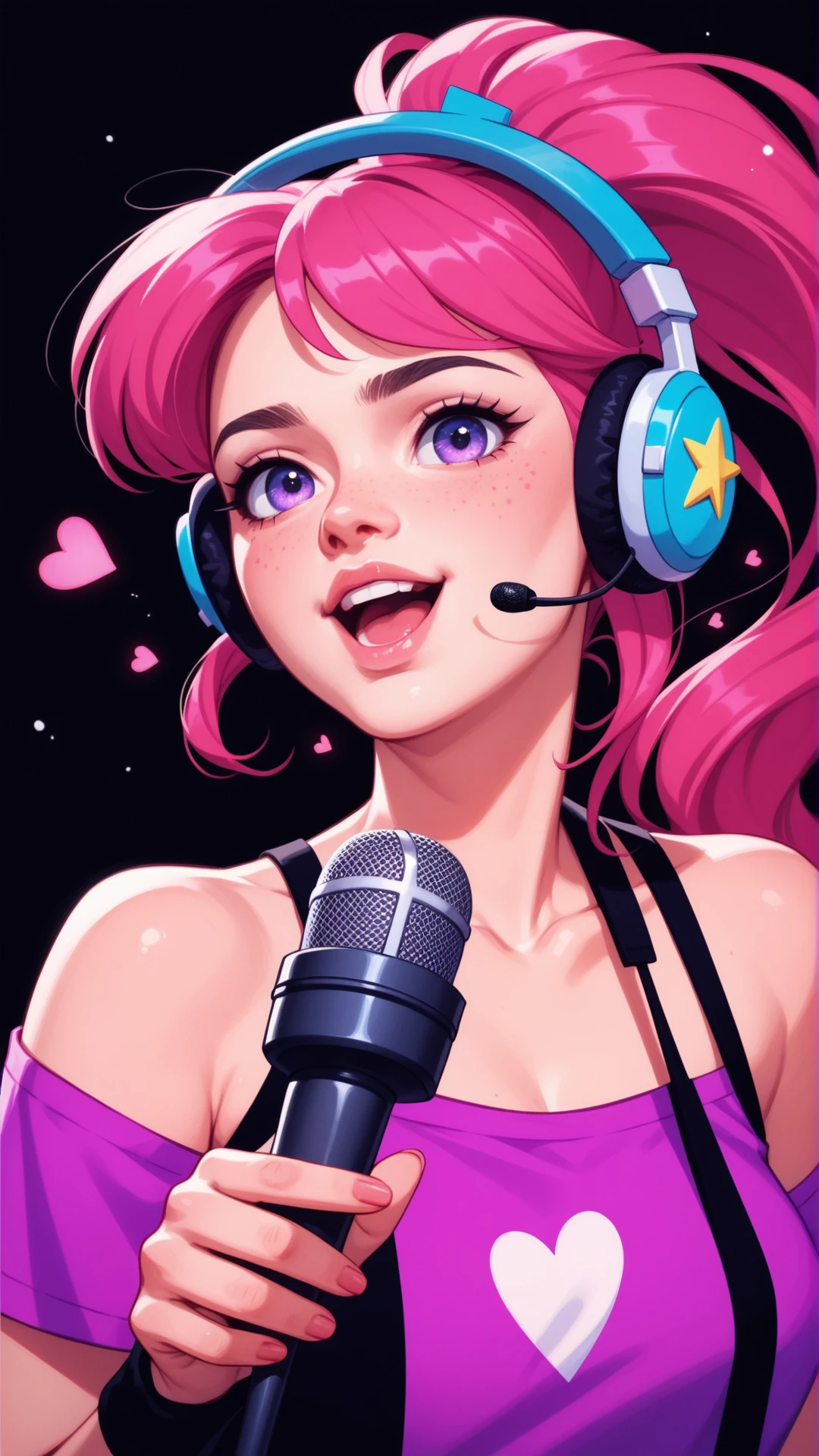 acore_9, score_8_up, score_7_up, score_6_up, score_5_up, score_4_up, a woman, ponytail, uwu, long hair, portrait, floating hearts, black background, purple neon grading, popstar, microphone, headphones, singing, lush breasts