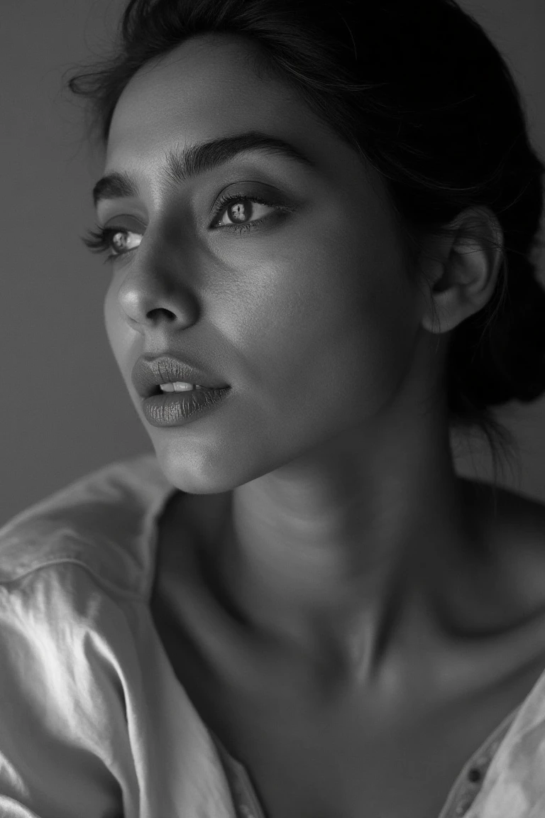 A portrait inspired by Peter Lindbergh's style, featuring aishuflx, a woman gazing directly into the camera with an intimate and emotional expression. The lighting is soft and natural, emphasizing shadows and highlights that enhance her face's texture and contours. Her eyes convey strength and vulnerability, while her natural face celebrates authenticity, showcasing pores and imperfections.
The background is neutral and blurred, focusing entirely on her features. Shot in black and white with soft contrasts, the image captures raw beauty and emotional depth, embodying humanity and connection without distractions.