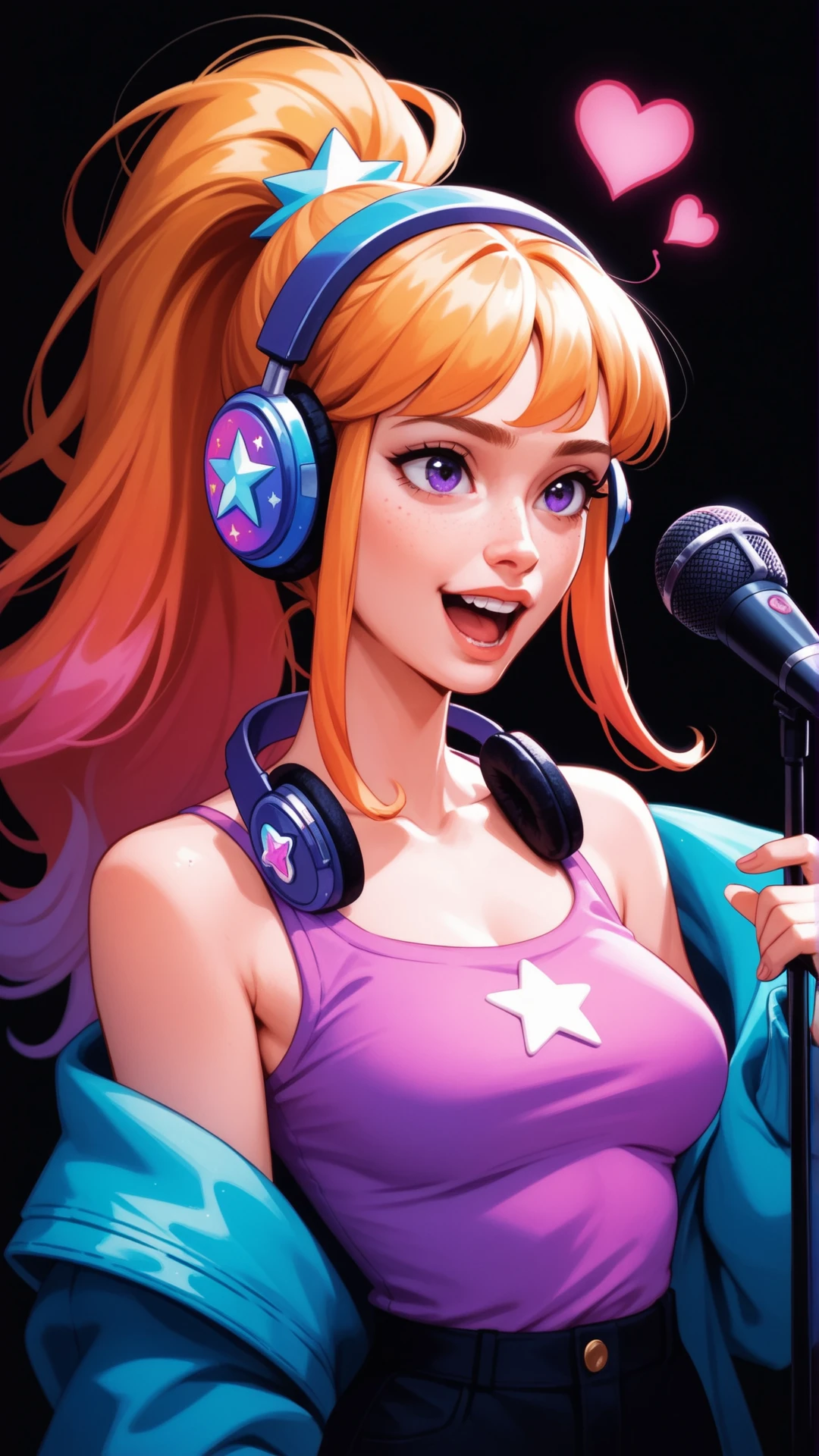 acore_9, score_8_up, score_7_up, score_6_up, score_5_up, score_4_up, a woman, ponytail, uwu, long hair, portrait, floating hearts, black background, purple neon grading, popstar, microphone, headphones, singing, lush breasts