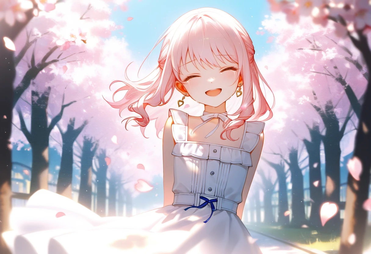 akiyama mizuki, 1other, arms behind back, cherry blossoms, choker, closed eyes, crying, dress, earrings, facing viewer, falling petals, jewelry, kizu darake no te de watashi-tachi wa \(project sekai\), light particles, medium hair, official alternate costume, official alternate hair length, official alternate hairstyle, open mouth, petals, pink hair, ribbon choker, smile, solo, white choker, white dress
BREAK
mian lang, masterpiece, best quality, good quality, newest, highres, absurdres