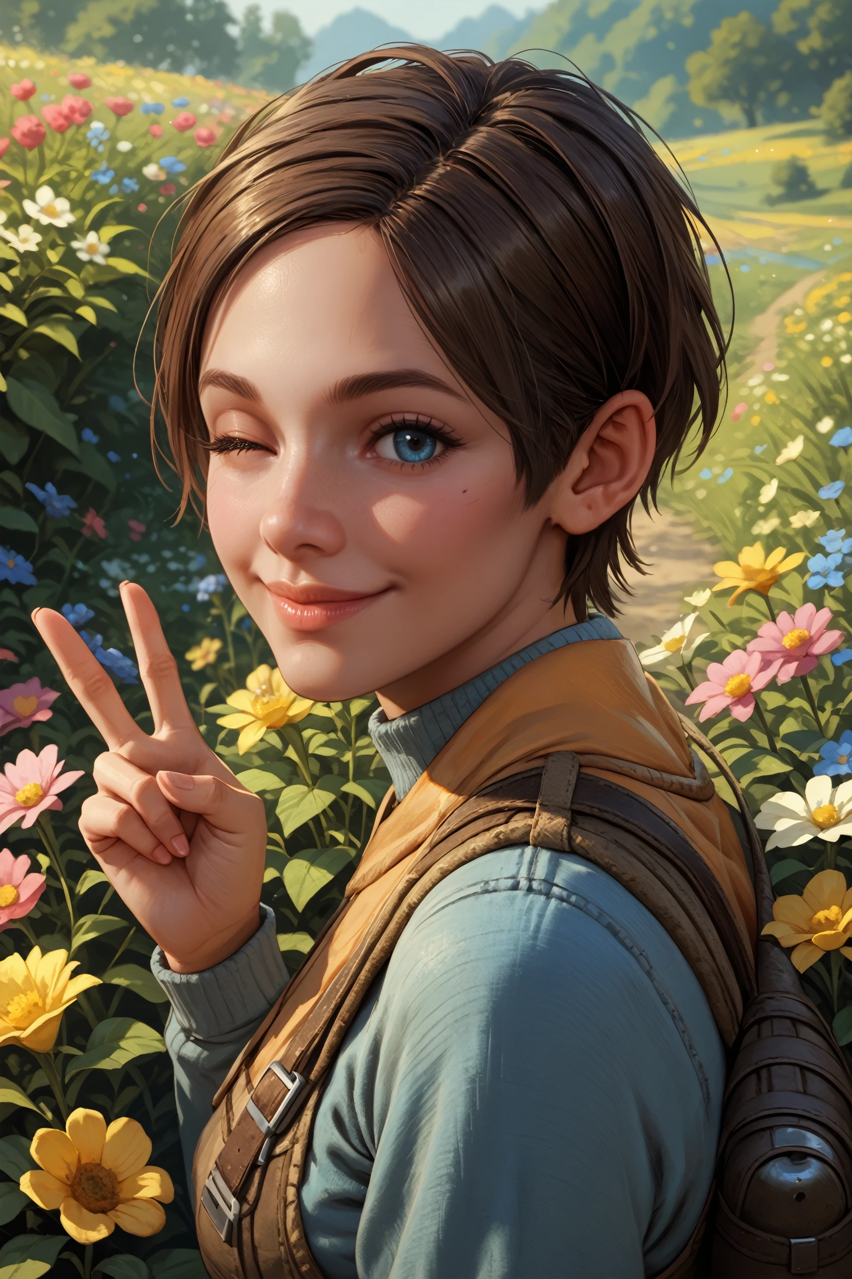 score_9, score_8_up, score_7_up, score_6_up
<lora:METAnna:0.8>
METAnna, 1girl, brown hair, blue eyes, short hair, looking at viewer, from side, wink, happy, smile, closed mouth, peace sign, flowers, meadow