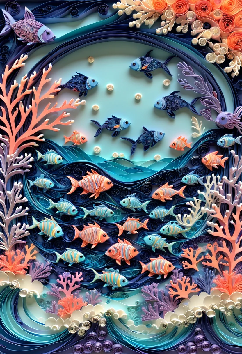 paper quilling, layered paper, ocean waves, coral reef, fish swimming, soft pastels
