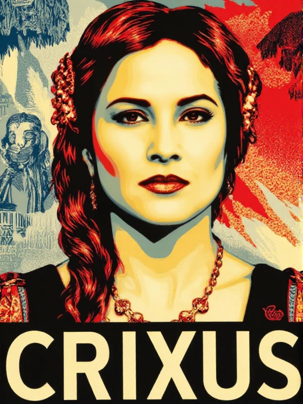 <lora:Shepard_Fairey_Style:0.9> shepard fairey style, <lora:LucretiaV2:0.9> lucretia, woman with red hair braided and hair ornement portrait. Text says "CRIXUS"