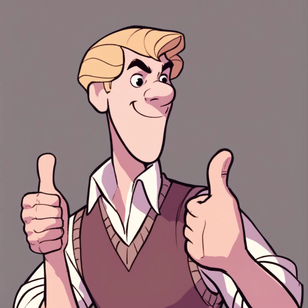 Score_7_up, score_8_up, upper body, solo male, RogCliffe, blonde, sweater vest, collared shirt, rolled sleeves, (thumbs up), simple background,