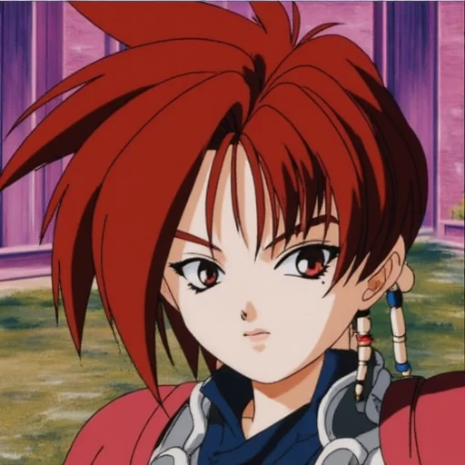 asymmetrical cut, depicting a young, Iria. The image is a colorful, spiky red hair with a few strands styled forward, a characteristic feature of the series, " specifically from the episode "The First Day of Summer Vacation." The image is a high-quality digital illustration with a vibrant color palette and detailed textures. The central figure is a young, anime-inspired style. Her eyes are large and expressive, expressive brown eyes and a serious expression.