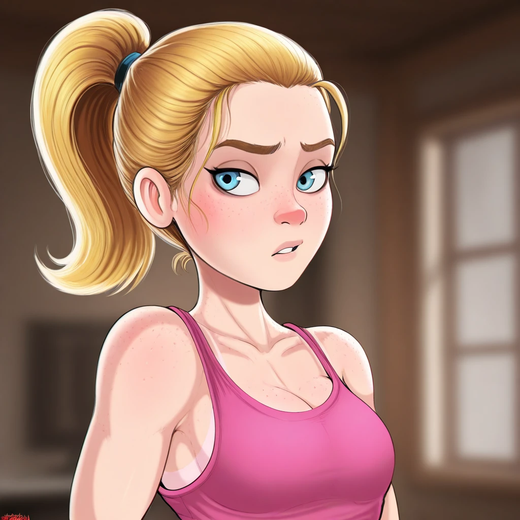 masterpiece, best quality, Shadman, 1girl, solo, blonde hair, high ponytail, blue eyes, pink tank top, upper body, body freckles, <lora:ShadmanStyle_illustrious_Leaf2:1>, depth of field,