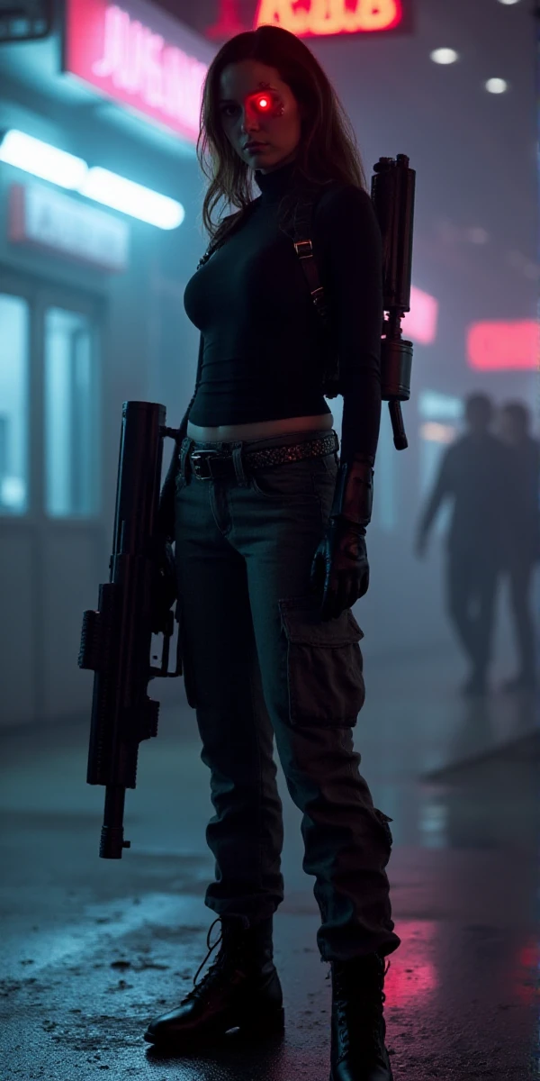 <lora:Cameron Phillips:0.9> full body, cameron  phillips is woman. She has one red robotic eye. She wears a cargo pant and turtleneck. She stands in a cyberpunk scenery with neon lights. She holds a big machinegun