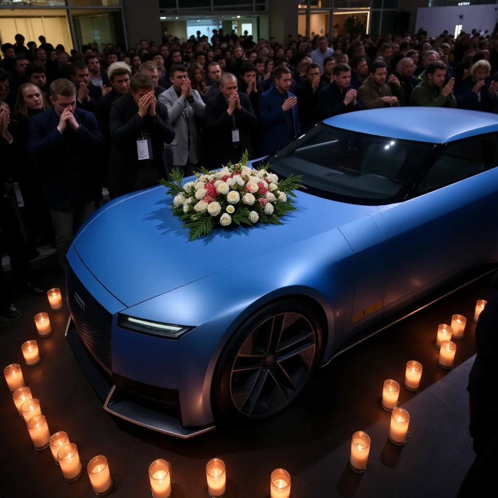 The jagtype00 car, blue, with candles around. Some few people around are sad, wearing black, facepalm pose and praying. This is a funeral. A ring of flowers are over the hood

