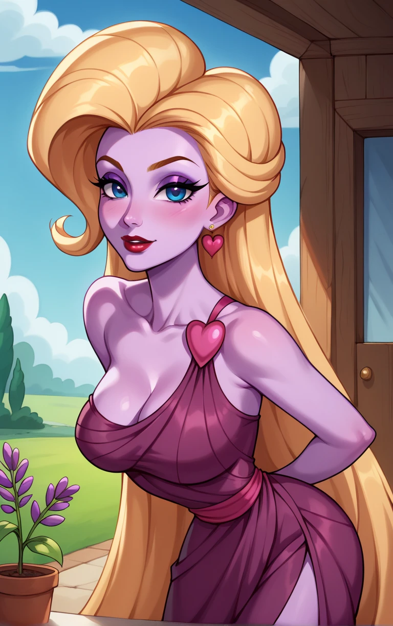 score_9, score_8_up, score_7_up, looking at viewer,  BREAK
PinkDress_Aphrodite_ownwaifu,  
1girl, glowing, glowing hair, glowing skin, purple skin, colored skin, blonde hair, makeup, lipstick,  blue eyes, jewelry,  earrings, breasts, long hair, medium breasts, eyelashes, very long hair, eyeshadow, red lips, 
purple dress, heart, cleavage, bare shoulders, strapless dress, cocktail dress,
(leaning forward, arms behind back), cowboy shot, garden, wisteria, outdoors, <lora:PONYXL_Hercules_Aphrodite_ownwaifu:0.85> , depth of field, solo,