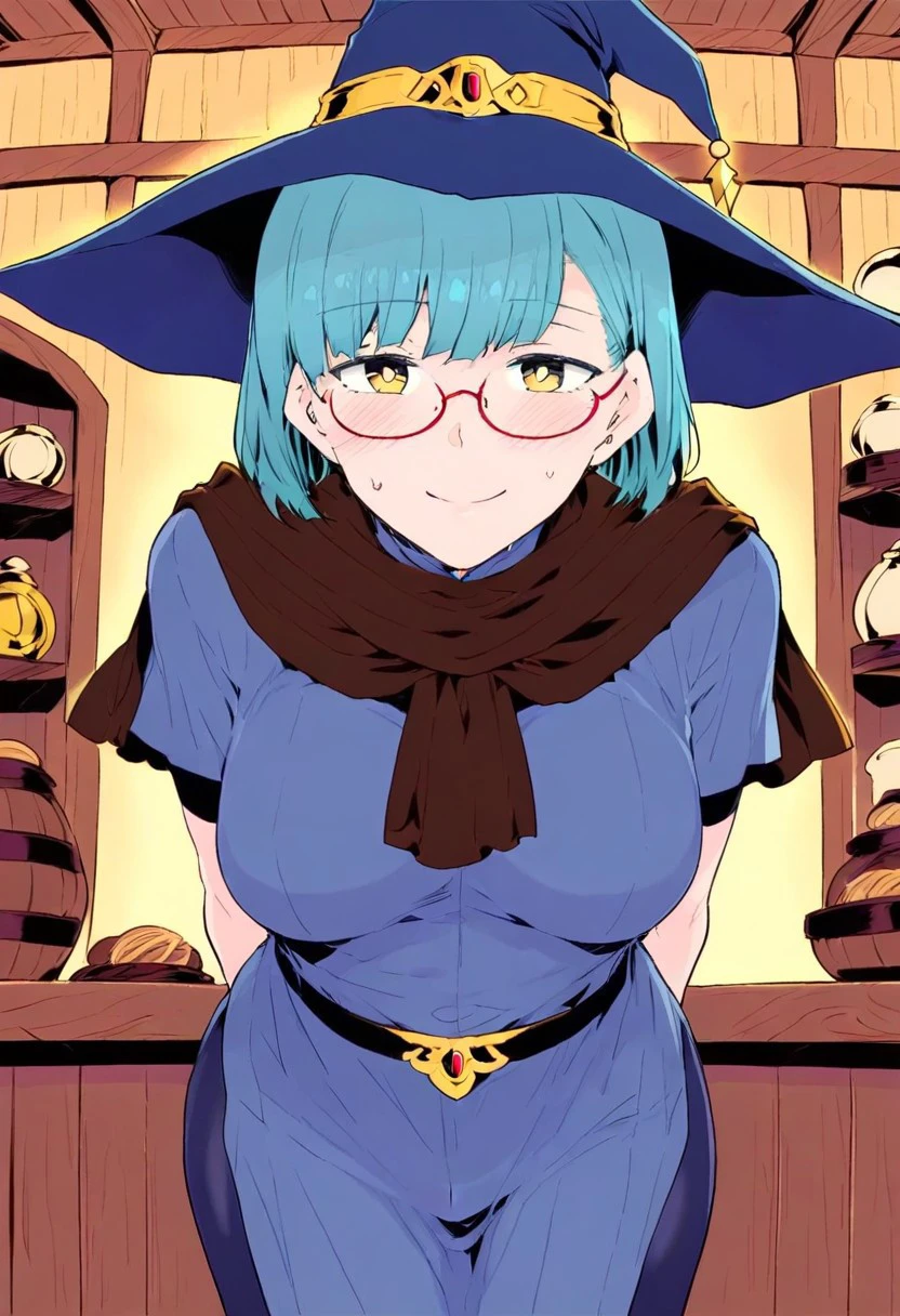 score_9, score_8_up, score_7_up, ASCII masterpiece, source_anime, BREAK, 1girl, (( <lora:mage_->_jester_SnSSSY2:1> , mage_->_jester_SnSSSY2, thin waist, wide hips, beautiful skin, beautiful neon blue hair, short hair, bangs, clear eyes, beautiful yellow eyes, bright pupils, huge and shaggy breast, beauty, extraordinary beautiful girl, attractive woman, super sexy woman, lustful body, sexy woman with seductive obscene body, sensual body, voluptuous body, no piercings, no piercing, )) , ((blue witch hat with gold decoration, blue witch cloak with gold decoration, short sleeves blue medieval dress with black belt, long brown scarf, red glasses, )) , closed mouth, sexy pose, seducative smile, indoor, medieval fantasy tavern, looking at viewer, horny, seductive, hands behind back, standing, from below, cowboy shot, closing up, leans forward, alone,