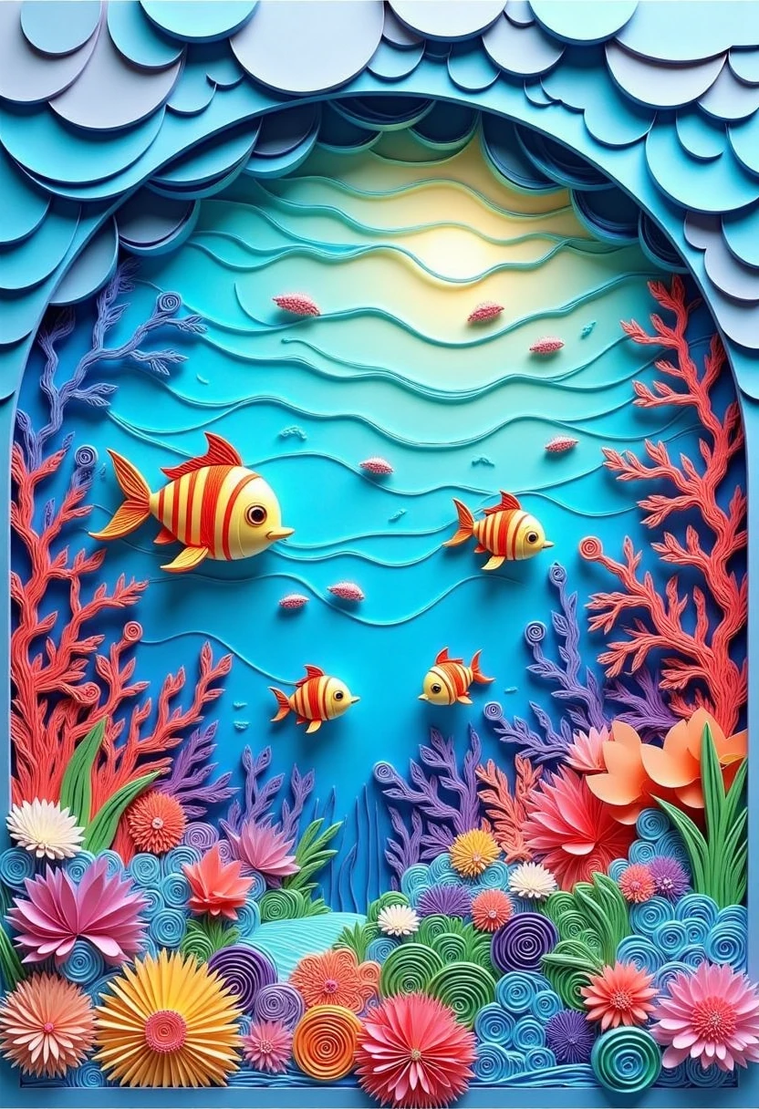 paper quilling, layered paper, ocean waves, coral reef, fish swimming, soft pastels
