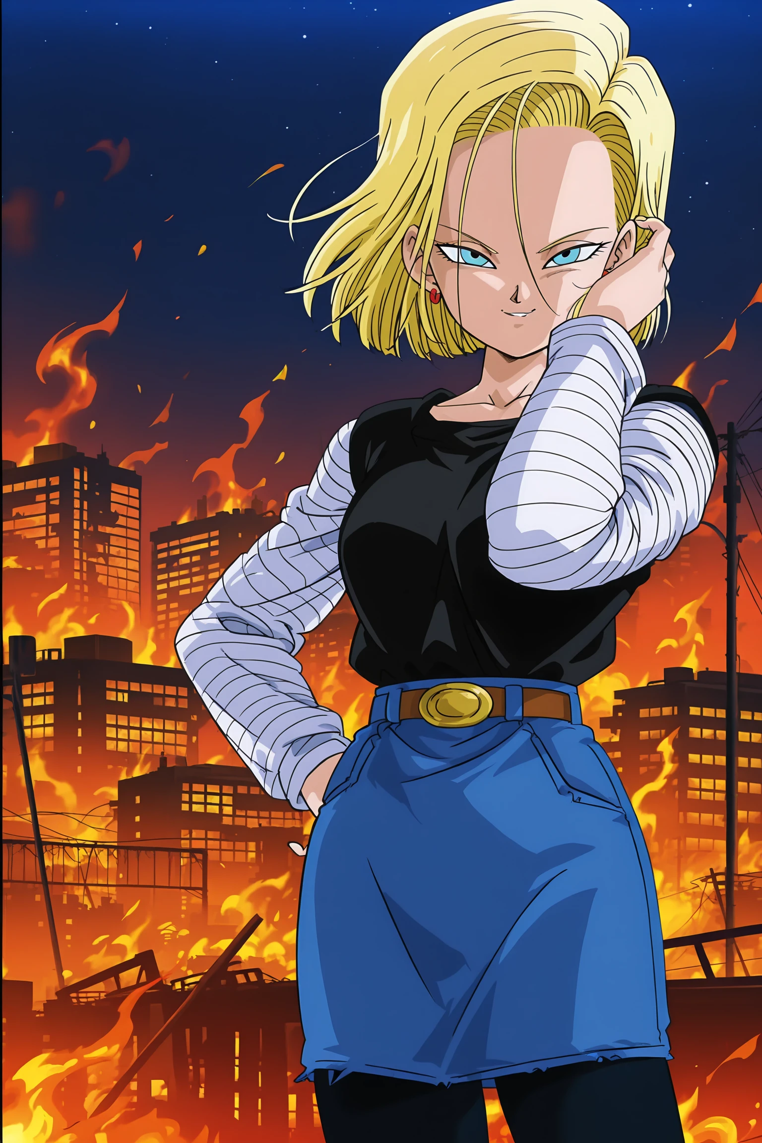 anime screencap, absurdres, high quality, official style,
android 18, short hair, blue eyes, blonde hair, evil smile, evil grin, 
android saga, classic outfit, black shirt, long sleeves, pantyhose, earrings,belt, black legwear,  denim ,denim skirt, striped sleeves, white sleeves
cowboy shot, night sky, burning city, burning building, red hue, flames, neon, 
standing, hand in hair, smug, seductive smile, 
 <lora:Android_18_-_Dragon_Ball:0.8>