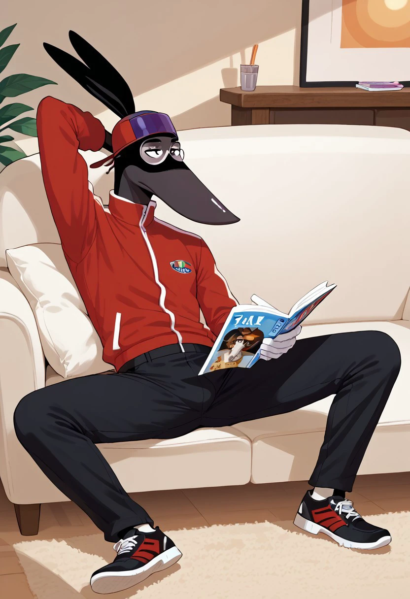 score_9, score_9_up, 1boy, solo, male, furry, animal, rat, black fur, rat tail, floppy ears, tall, slender, grey nose, big nose, mask marking, face mark, black eyes, white gloves, cap, sun glasses, red jacket, black pants, black shoes, lying on a sofa, reading a magazine, cartoon