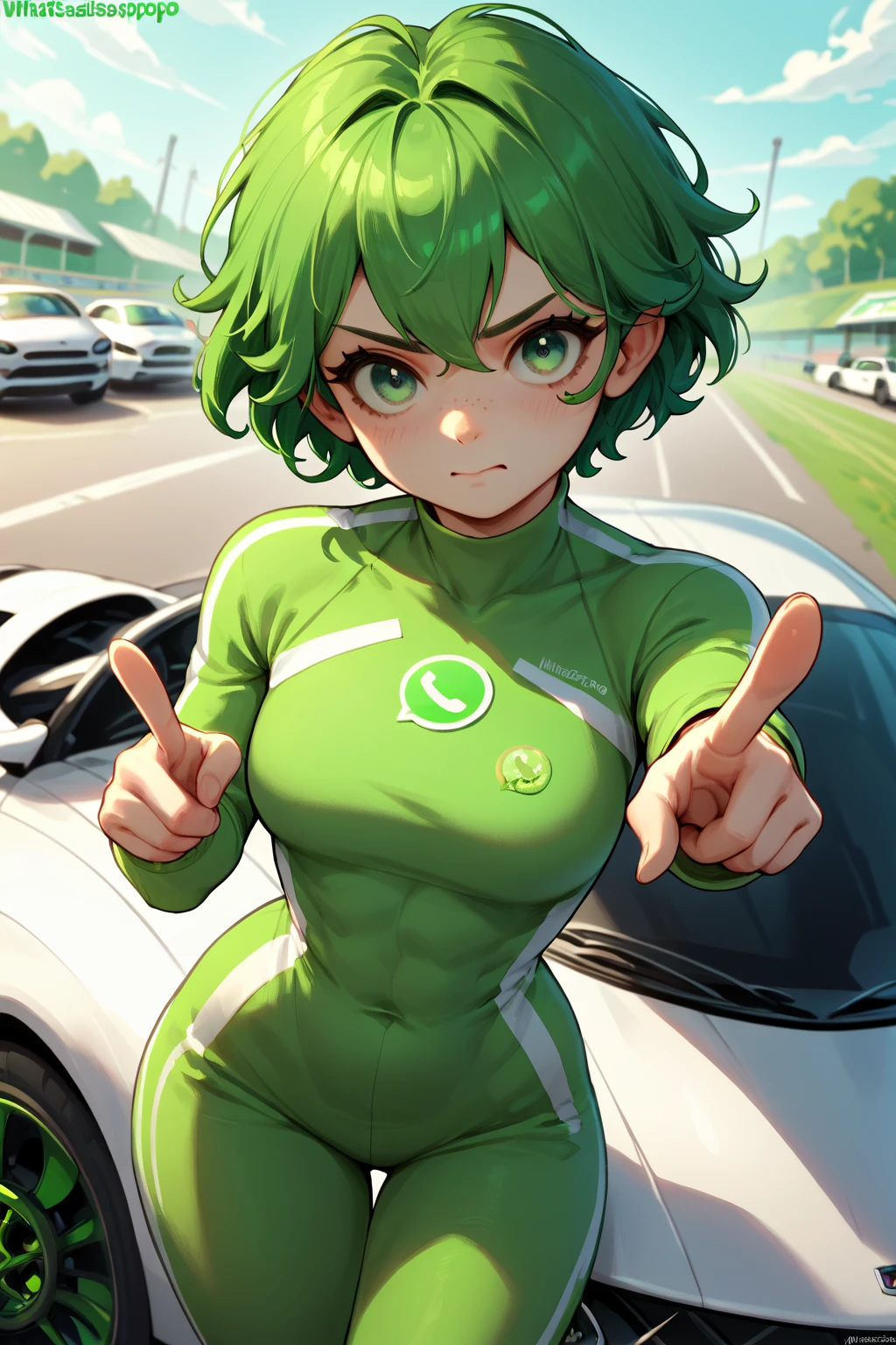 digital_media_(artwork), hi_res, score_9, score_8_up, score_7_up, score_6_up, score_5_up, score_4_up,  anime girl, pointing at viewer,  <lora:WhatsappDrip:0.8> WhatsappDrip, Whatsapp logo, green hair, green skin, green eyes, green clothing, racing car