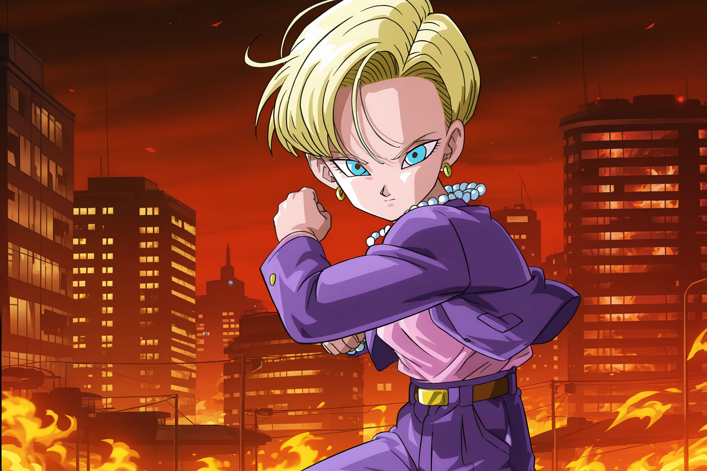 anime screencap, absurdres, high quality, official style,
android 18, very short hair, blue eyes, blonde hair, bangs official style, fighting stance, cowboy shot, looking at viewer, city, neon, burning buildings, red hue, flames, dragon ball gt, gt suit, pearl necklace, open blazer, gold earrings, purple jacket, lapels, high waisted bottomwear, purple pants, pink shirt, shirt tucked in, belt, wind
 <lora:Android_18_-_Dragon_Ball:0.8>