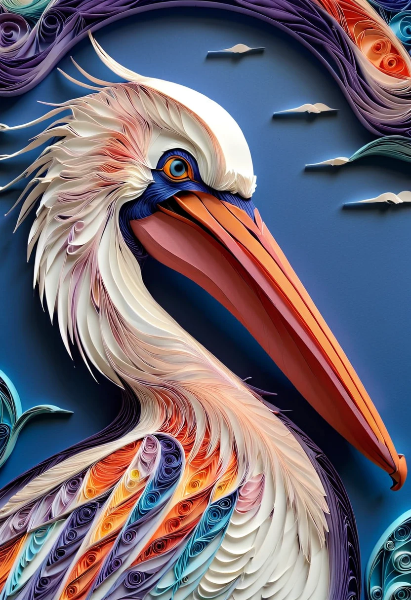 paper quilling, layered paper, pelican, close up, face