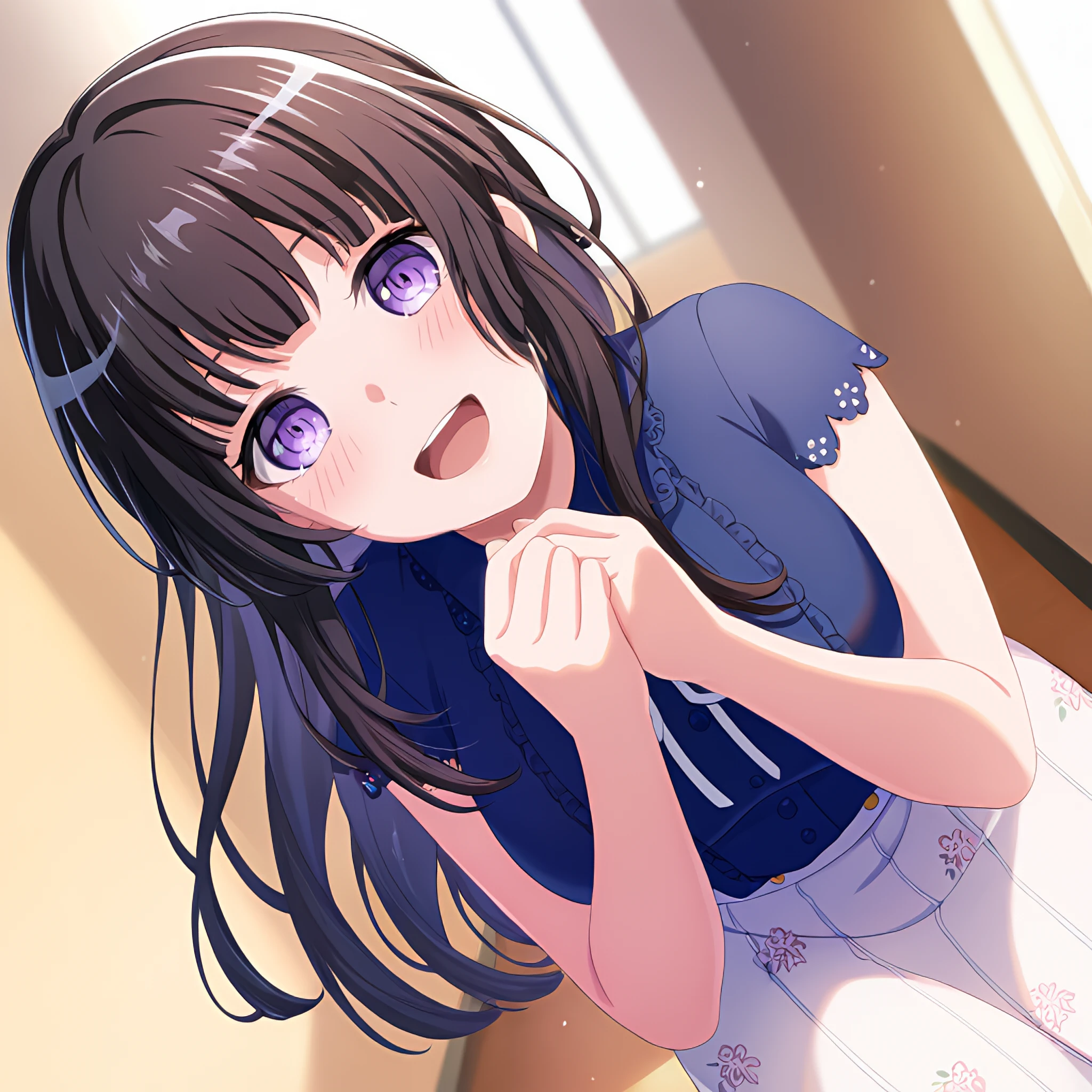 1girl, shirokanerinko2, shrinko6 blue shirt, solo, standing, shrinko6 long skirt, dutch angle, grin, blush, open mouth, cowboy shot,looking at viewer, own hands together,

indoors,school,

masterpiece, best quality, newest, absurdres, highres, nsfw,