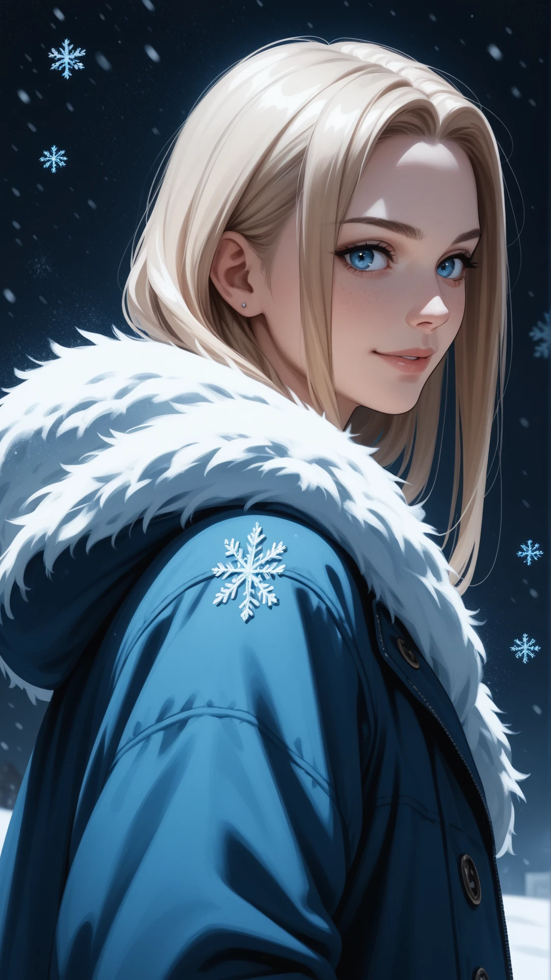 acore_9, score_8_up, score_7_up, score_6_up, score_5_up, score_4_up, blue neon grading, 1 woman,side view, long blond hair,looking at viewer, intense stare, straight hair, over the shoulder view, dark background, winter, snow, snowflakes, fur coat, soft smile