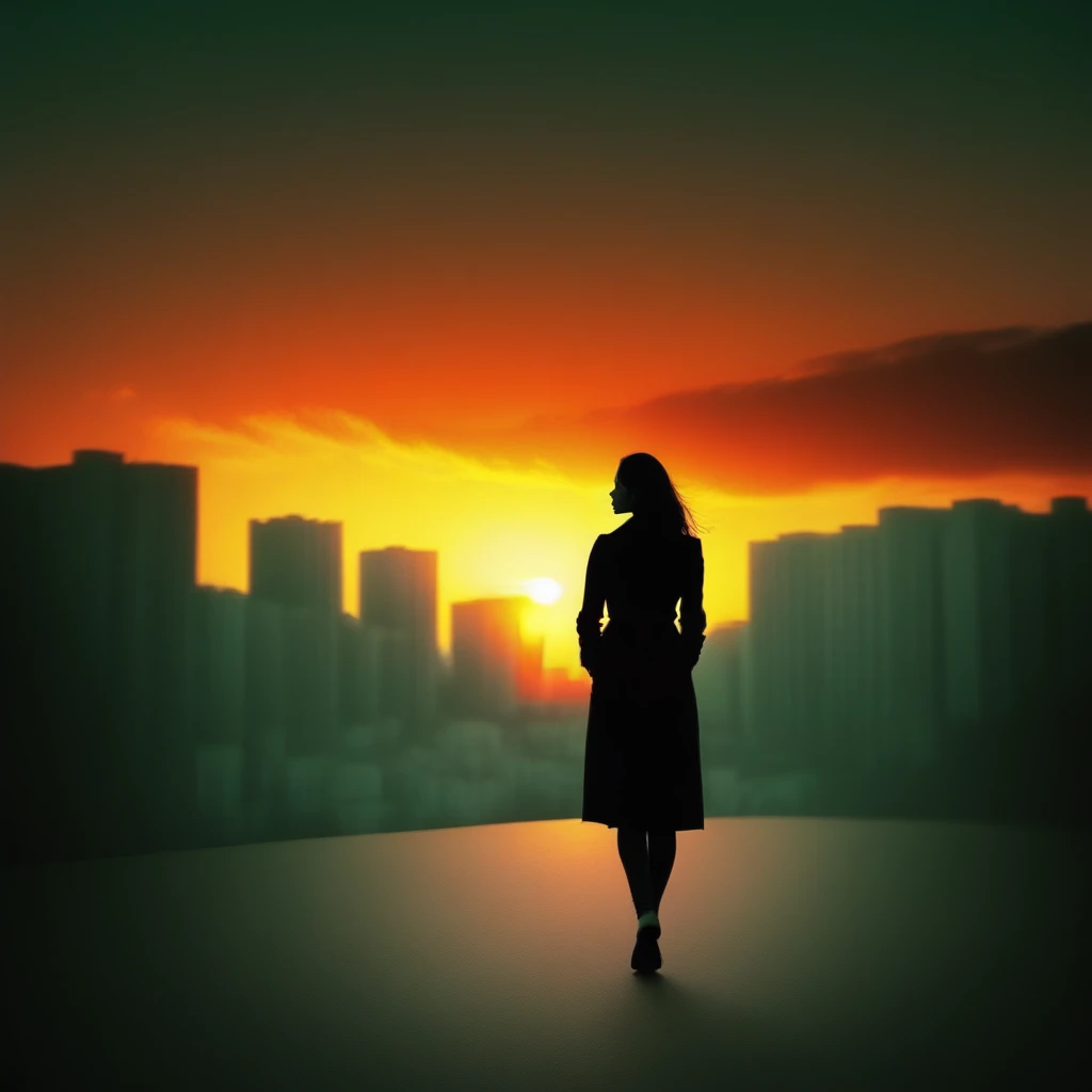 city, woman, sunset, clouds