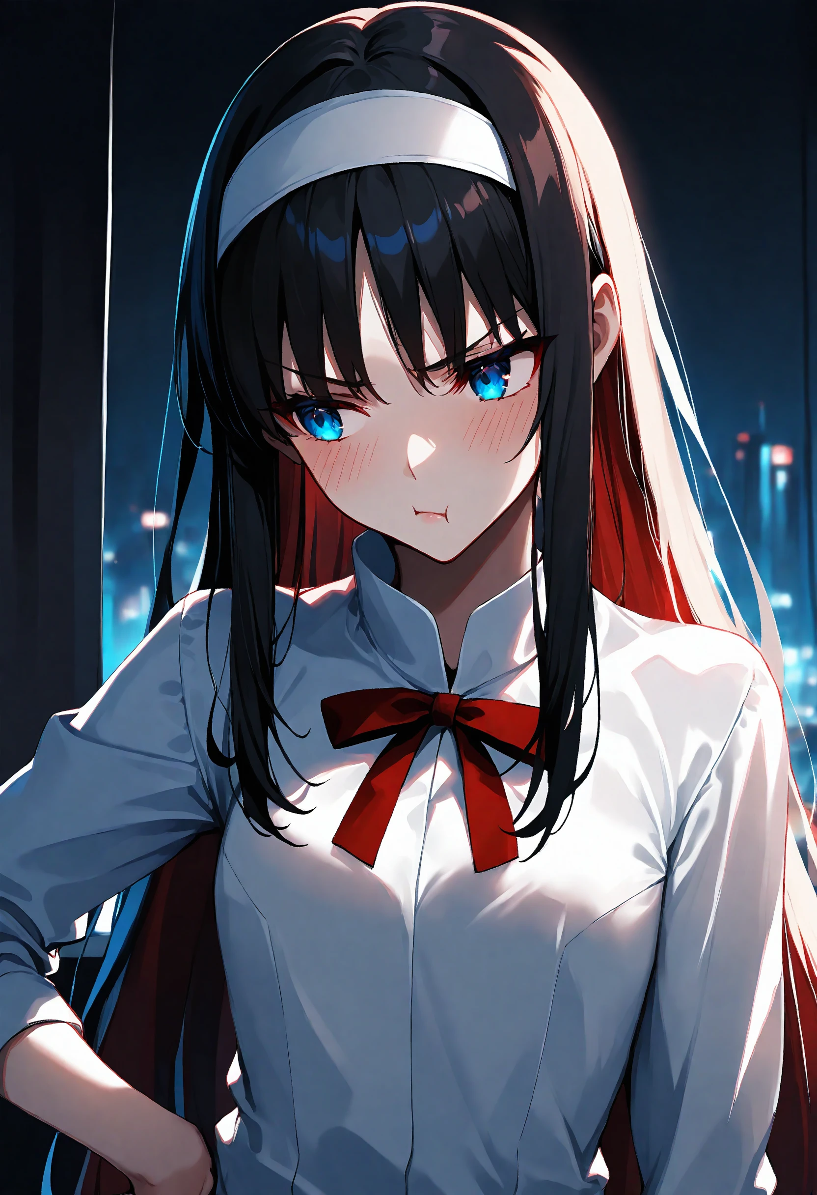 masterpiece, best quality, very aesthetic, 1girl, solo, tohno akiha, tsukihime, white hairband, white shirt, red bow, lips, pout, blush, hand on own hip, looking away, upper body, indoors, backlighting, night, (dark), city