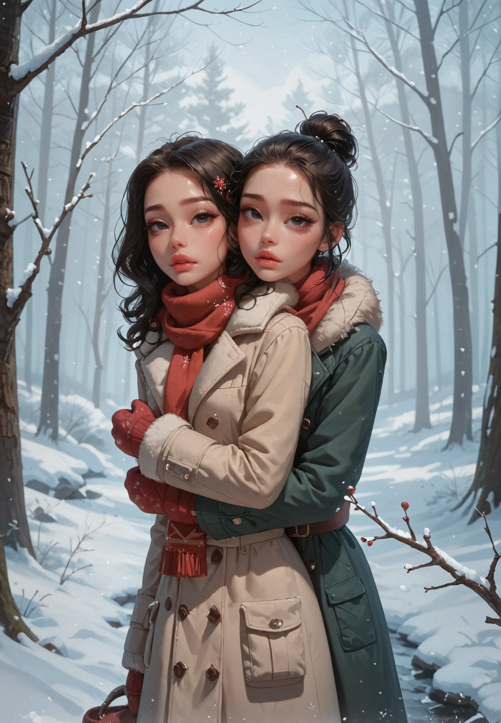 (score_9, score_8_up, score_7_up), 1girl, ((small breasts, petite, skinny, slender, tiny waist, small ass, perky breasts)), stunning korean girl, pale skin, beautiful brown eyes, black hair, short hair, 18 year old, skinny, full pouty lips, high ponytail, hair bow, snowy forest environment, late morning environment, serene theme, snowflakes gently falling, standing on a path through the woods, soft cool lighting BREAK snow-covered branches arching overhead, footprints leading along the path, a red scarf hanging from a low branch, small animal tracks in the snow BREAK cozy winter style, thick green coat, fluffy scarf, cheerful emotion, bored expression, holding a pair of knitted mittens,