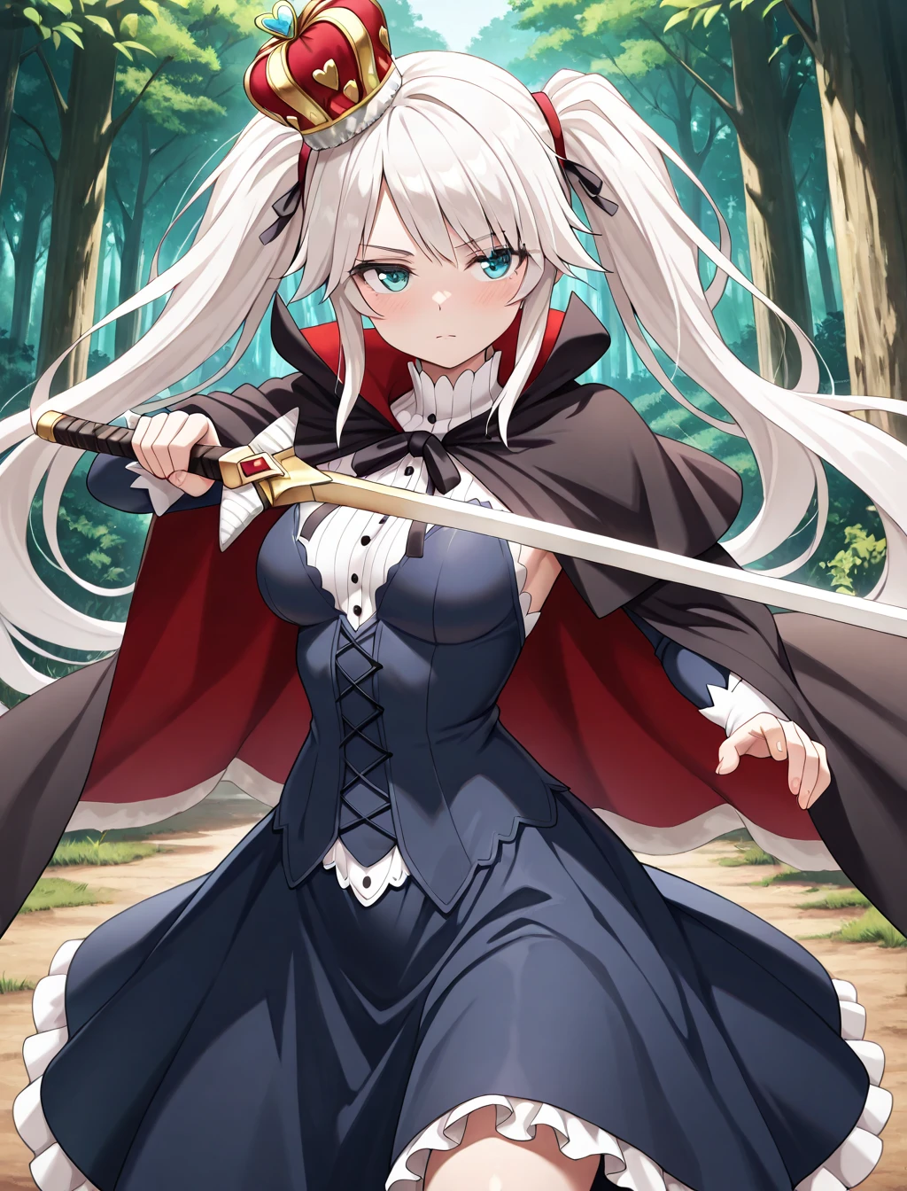 (masterpiece) ,best quality,amazing quality,very aesthetic,absurdres,newest, highres, anime style, BREAK Sybilla, fully clothed,  darkblue dress, coronet, royal cloak,  forest, fighting stance, serious, holding sword