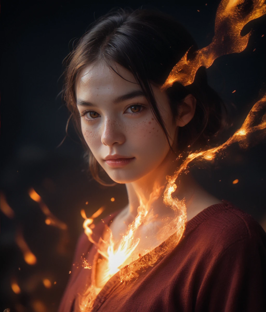 (score_9,score_8_up,score_7_up),
photorealistic, photography, depth of field, cinematic,
looking at viewer, freckles,
(engulfed in purple flames, sparks, vfx, fire, energy, magic:1.1),
night, dark background, black background,