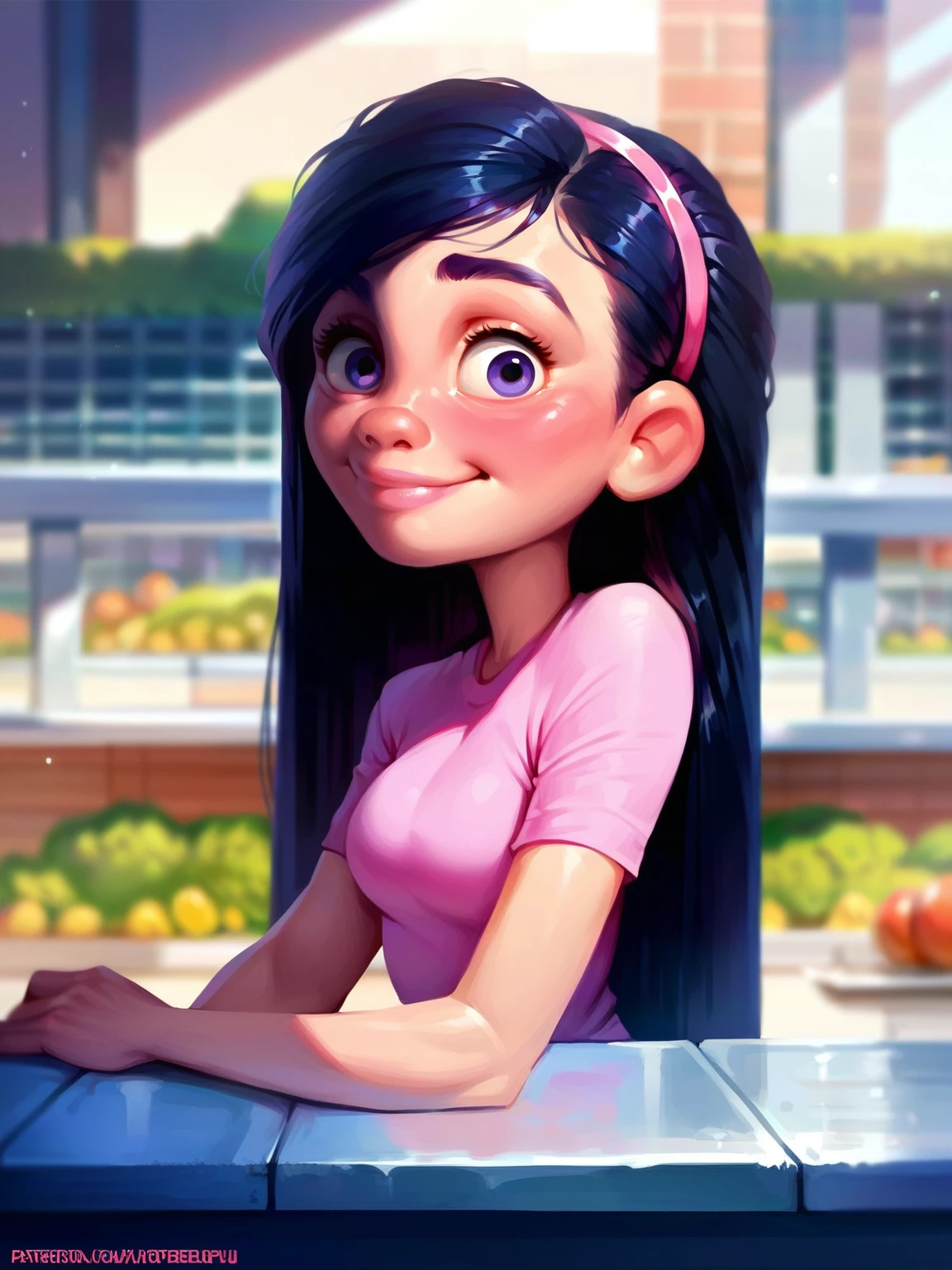 <lora:Violet Parr:0.4> vio_p, 1girl, slender body, fair skin, pink lips, bluish-purple eyes, long straight hair, black hair, headband,pink short sleeve shirt,
 <lora:Calm-no-fellatio_Sankaku_winsor-05-95_da2_20240222_with-txt_pony-v6:0.9> breasts, ass, score_9, score_8_up, score_7_up,