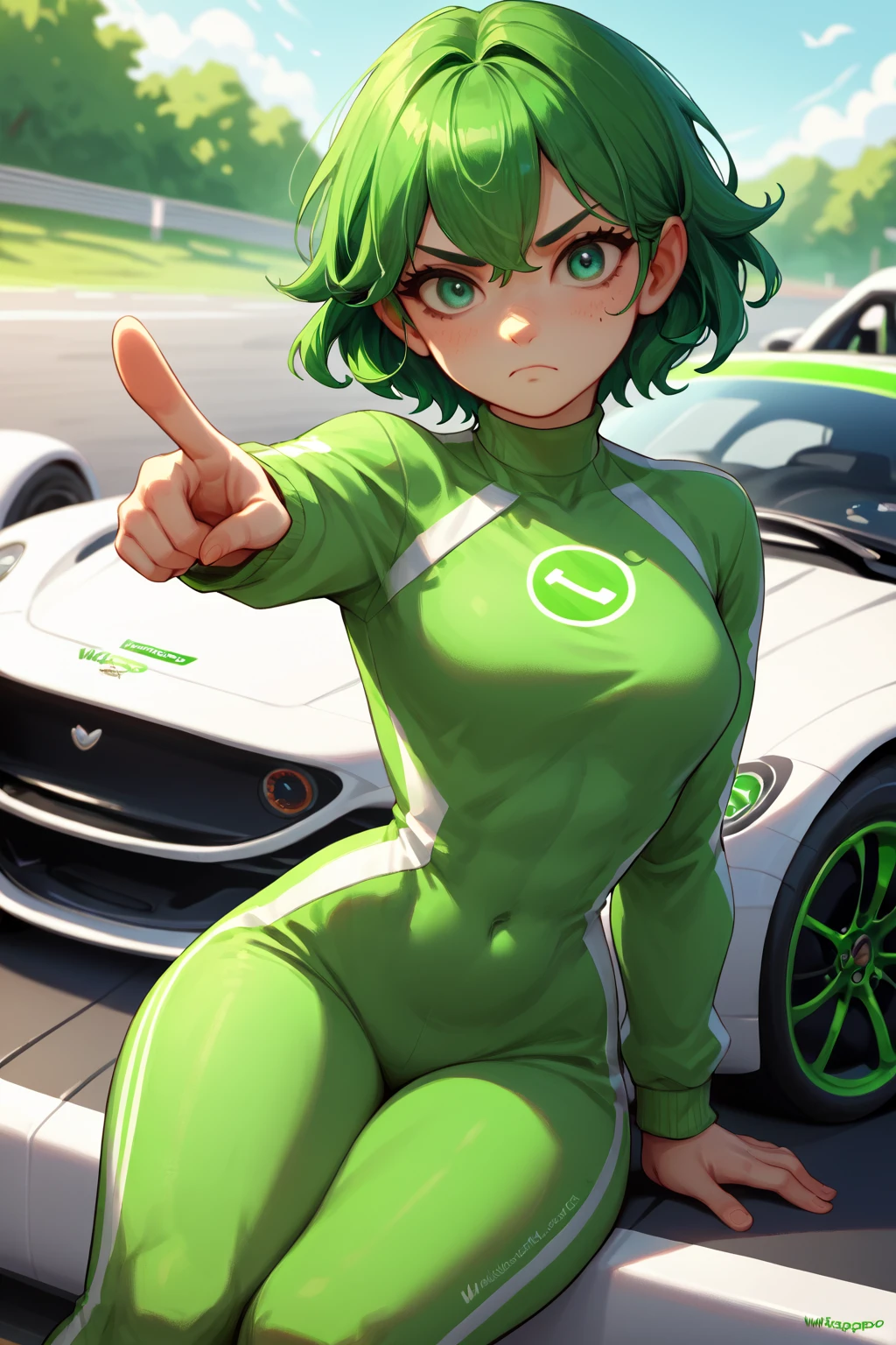 digital_media_(artwork), hi_res, score_9, score_8_up, score_7_up, score_6_up, score_5_up, score_4_up,  anime girl, pointing at viewer,  <lora:WhatsappDrip:0.8> WhatsappDrip, Whatsapp logo, green hair, green skin, green eyes, green clothing, racing car