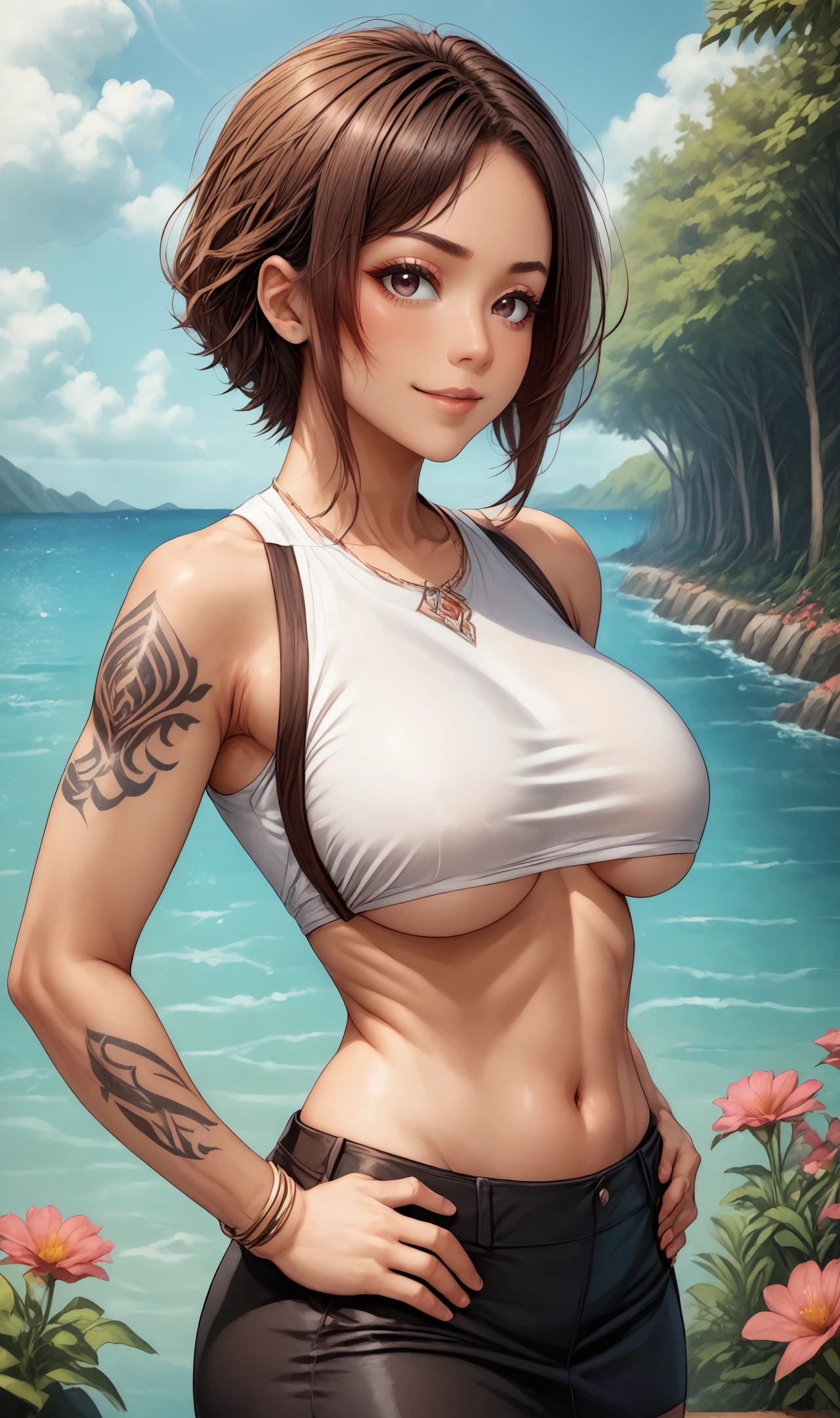 <lora:Pony_BTT_THAIARUNEE_V01C:1.0>thaiarunee, 1girl, solo,  white shirt, underboob shirt, bare shoulders, arm tattoo, black pencil skirt, boot, muscular, navel,  low angel, dynamic pose, hands on hips, boot, light  smile, looking at another, bangle, necklace, diamond, flower garden, nature road, sky, cloudy sky, sea, water, outdoors, 
<lora:LCMTurboMix_Euler_A_fix:1>