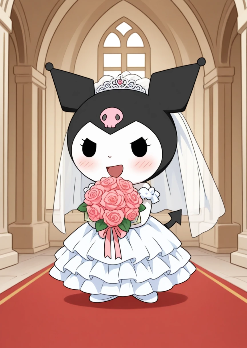 best quality, masterpiece, kuromi, no humans, open mouth, feral, jester cap, dot eyes, skull print, tail, black eyes, chibi, solo, church, smile, happy, blush, long wedding dress, wedding veil, blush, deep blush, bouquet, 