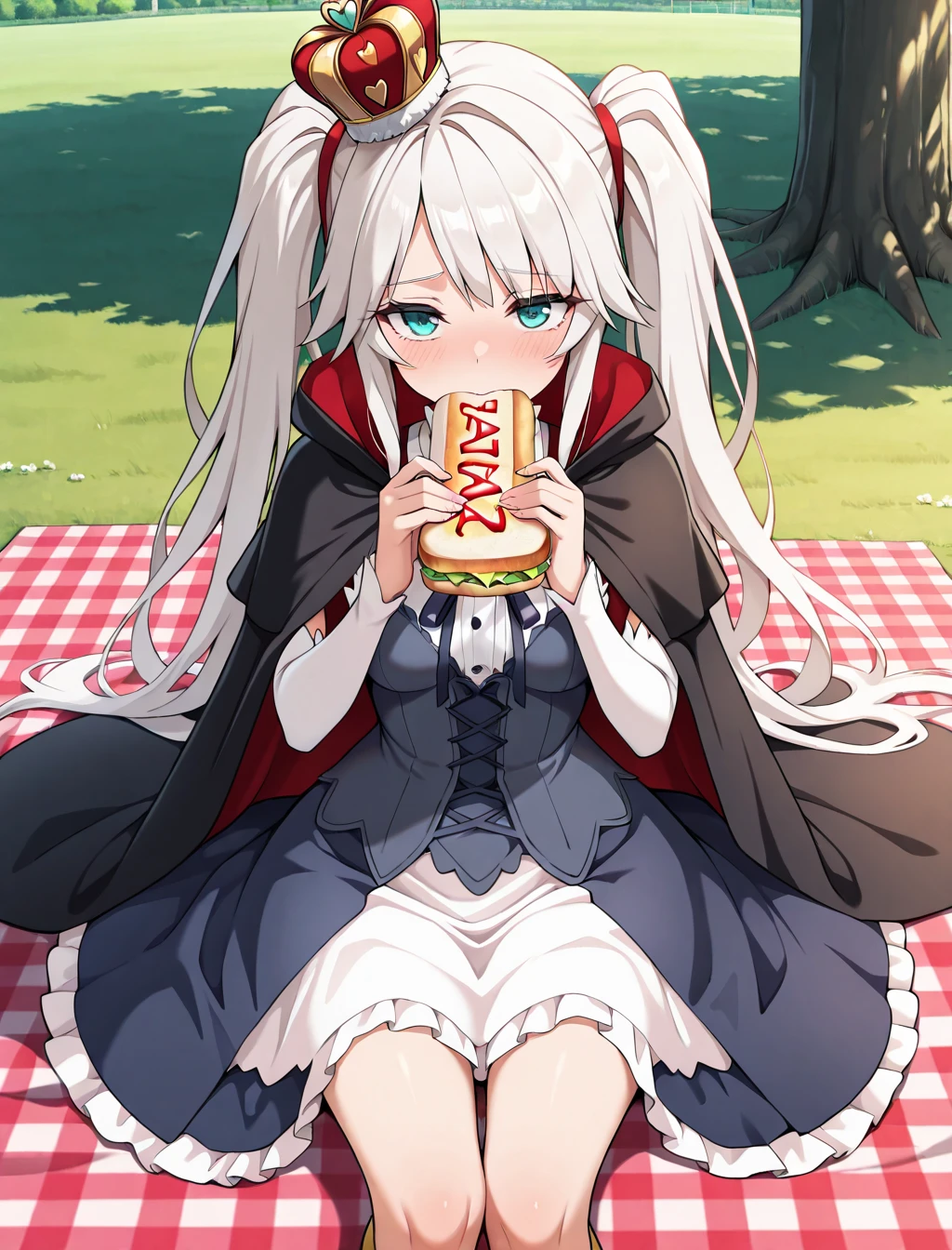 (masterpiece) ,best quality,amazing quality,very aesthetic,absurdres,newest, highres, anime style, BREAK Sybilla, fully clothed,  darkblue dress, coronet, royal cloak, park, sitting on ground, picnic, holding sandwich