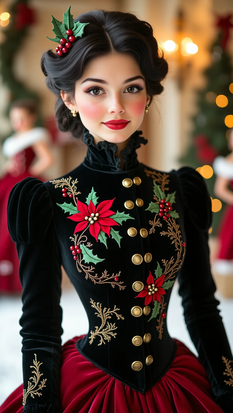 A beautiful christmas elf with rosy cheeks and dark hair is wearing a Victorian-era inspired dress. The dress is a deep, rich black velvet with intricate, ornate embroidery featuring holly leaves, berries, and poinsettias. The bodice is fitted and long-sleeved, adorned with a high, high-collared neckline and a series of brass buttons running down the front. The sleeves are elegantly puffed at the shoulders and taper down to the wrists. The skirt is a vibrant, deep red velvet, contrasting sharply with the black bodice, and features a subtle, pleated design. She seems amused at Santa's Ballroom.