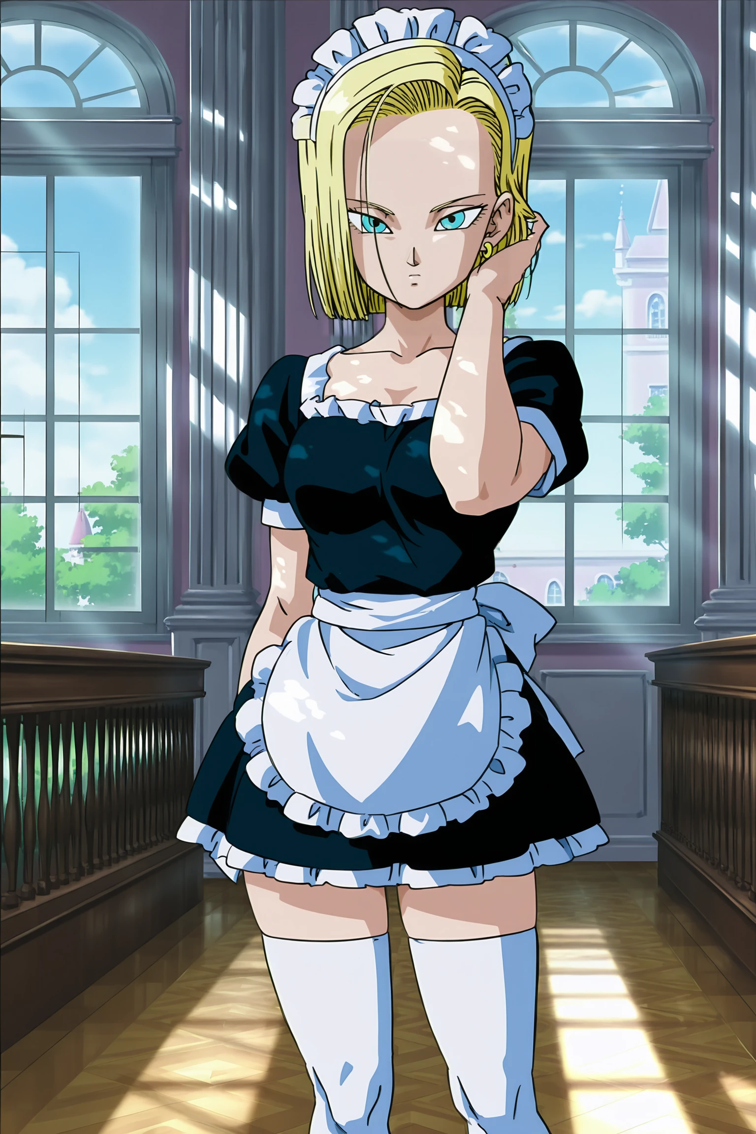 anime screencap, absurdres, high quality, official style,
android 18, short hair, blue eyes, blonde hair,
indoors,  mansion, maid headdress, maid, window, dappled sunlight, furniture, short dress, thighhighs, standing, looking at viewer, hand in hair
 <lora:Android_18_-_Dragon_Ball:0.8>