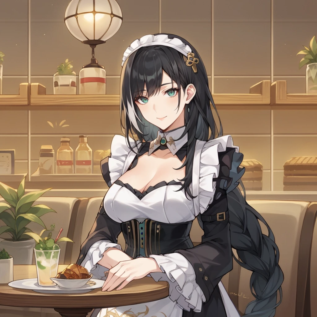 score_9_up, score_8_up, score_7_up, source_anime, 1girl, solo, cafe, indoors, ceiling light, sitting across table, head rest, gentle smile, slight blush, looking at you, Baizhi, Bai_Alt, black hair, white streaked hair, long hair, aqua eyes, black corset, white bra, maid, white apron, frilled skirt, long sleeves, wide sleeves, frilled sleeves, white collar, jewelry, maid headdress, maid, braided ponytail, mature body, dynamic cowboy shot, 