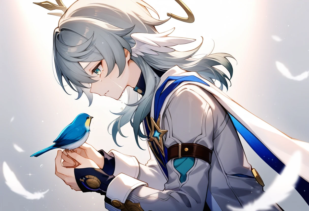 sunday \(honkai: star rail\), 1boy, angel wings, animal, bird, cape, crying, feathers, from side, grey background, grey hair, grey jacket, head wings, holding, holding animal, holding bird, jacket, layered sleeves, light particles, light rays, long hair, long sleeves, male focus, solo, streaming tears, tears, upper body, white cape, white wings, wings
BREAK
kirrrara, masterpiece, best quality, good quality, newest, highres, absurdres
