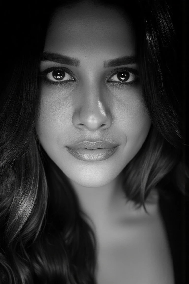 portrait of nabhanflx, inspired by Peter Lindbergh's photographic style. a woman looking directly into the camera with an intimate and deep expression. Lighting must be soft and natural,avoiding exaggerated perfection,and focusing on capturing the human essence and the natural beauty of women. The woman's face is devoid of makeup or a very subtle touch,highlighting the authenticity and imperfection that Lindbergh valued in his portraits.  Black and white should be full of soft contrasts,but without losing the delicacy of the shadows,creating a raw,emotional and living environment. The woman must appear strong but accessible,showing her beauty without the need for ornaments,with a direct connection between her gaze and the viewer.