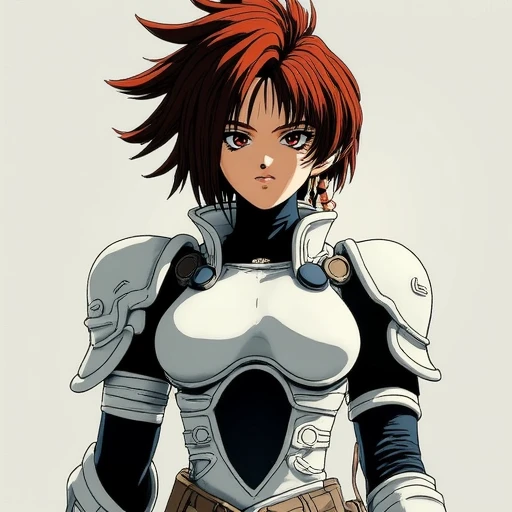 dynamic manner. She has fair skin and large, futuristic armor suit. The armor is primarily white with black accents and intricate, high-tech armor suit., expressive red eyes and a determined expression. She is dressed in a futuristic, featuring a dynamic, piercing on her right cheek., dark eyeliner and mascara, spiky