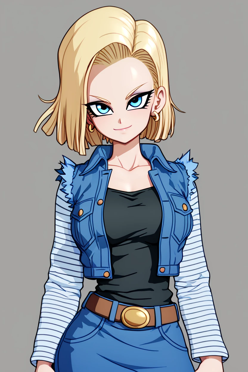 score_9, score_8_up, score_8, medium breasts, (curvy), cute, eyelashes,      ,,,  <lora:Android18PDXL:1.0>, zzAndroid18, blue eyes, blonde hair, short hair, jacket, denim, denim jacket, jewelry, earrings, long sleeves, shirt, skirt, belt, stripes, BREAK, smile, closed mouth, looking at viewer, cowboy shot,  ,,, embedding:zPDXL, Expressiveh, ,,, <lora:MantisStyle_PDXL_v2:0.8>, <lora:SDXLFaeTastic2400:0.5>, <lora:Expressive_H-000001:0.4>,