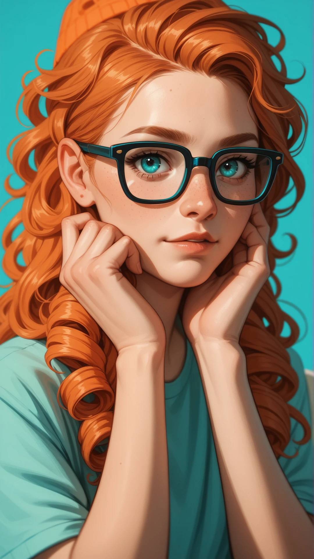 acore_9, score_8_up, score_7_up, score_6_up, score_5_up, score_4_up, a woman, copper hair, curls, glasses, nerdy, hand on chin, long hair, portrait, turquoise neon grading, looking at viewer, cheeky