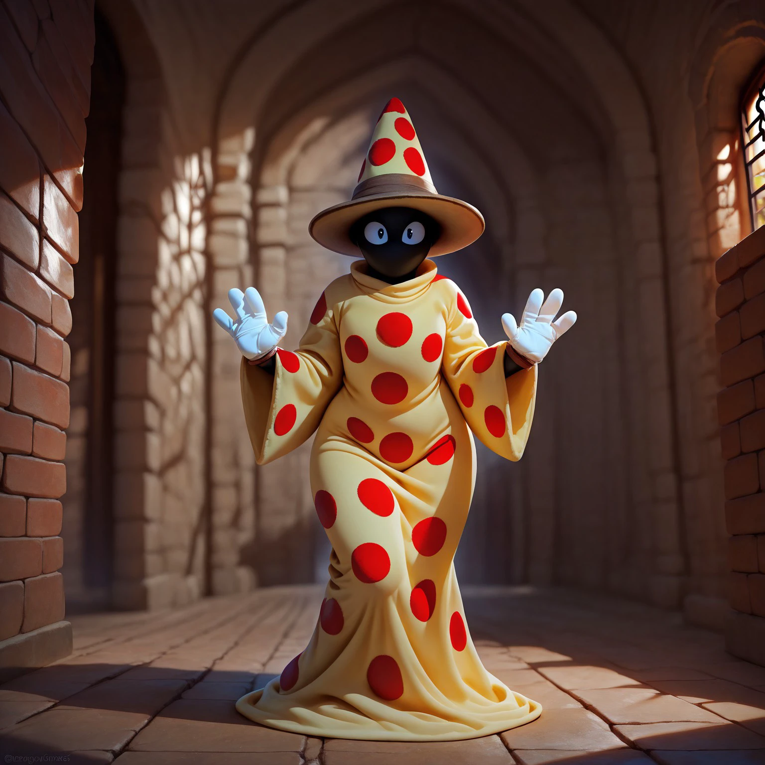 realistic, masterpiece, best quality, newest, absurdres, highres, pizzard, solo, full body, hat, polka dot, black eyes, black skin, robe, long sleeves, white gloves, fewer digits, looking at viewer, hands up, BREAK, dungeon, perspective