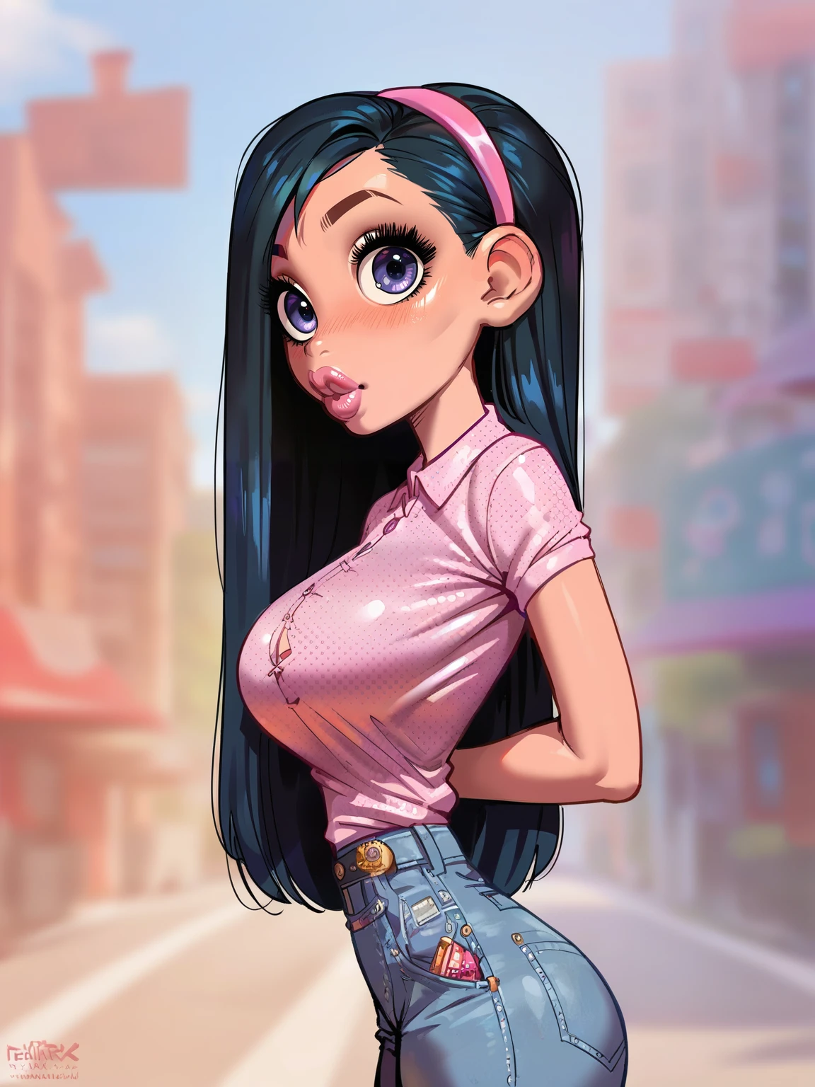 <lora:Violet Parr:0.4> vio_p, 1girl, slender body, fair skin, pink lips, bluish-purple eyes, long straight hair, black hair, headband,pink short sleeve shirt,
 <lora:fellatrix_style:0.9> big breasts, bimbo, score_9, score_8_up, score_7_up,