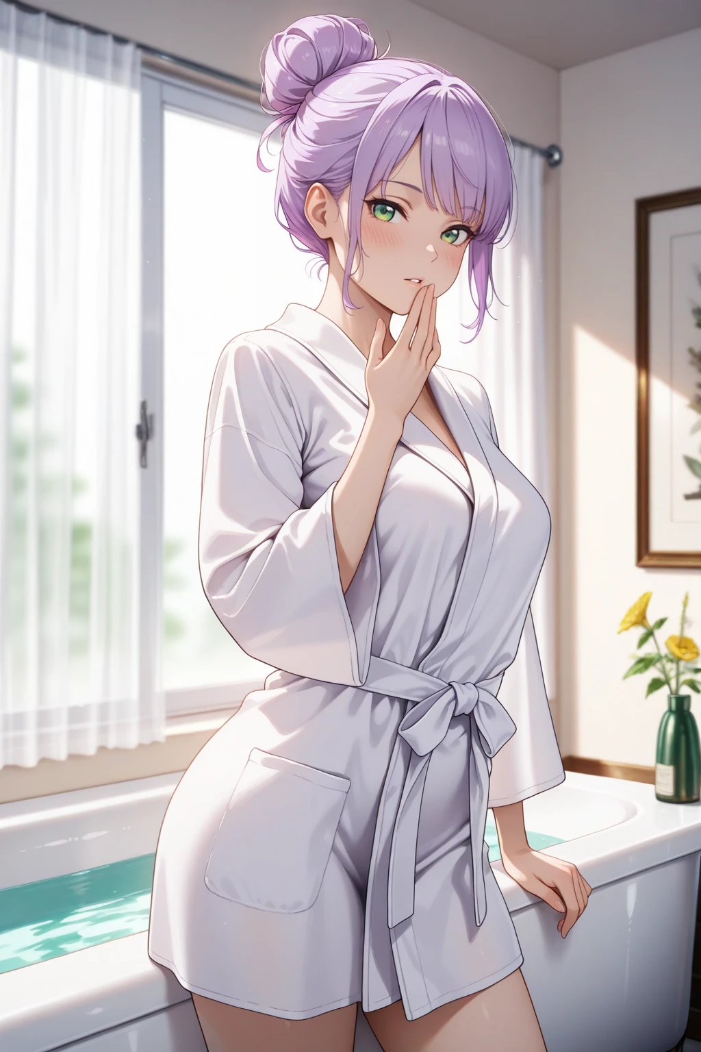 masterpiece, best quality, amazing quality, very aesthetic, absurdres, photorealistic, 1girl, solo,
<lora:wien_izo_IL:0.8>, wien, purple hair, green eyes, tied hair, hair up, alternate hairstyle, huge hair bun,
medium breasts, white bathrobe, long robe, long sleeves, wide sleeves,
seductive gaze, bedroom eyes, parted lips,
blush, looking at viewer, standing, contrapposto, hand to own mouth,
blurry background, white curtains, glass window, morning, bathroom, bathtub,