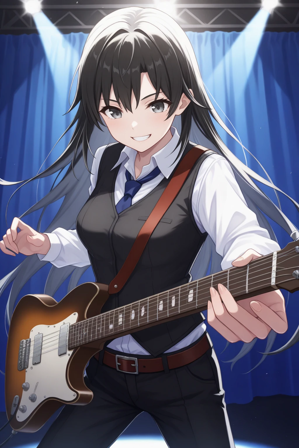 masterpiece, best quality, grin, 1girl, shzhrtsk, medium breasts, long hair, black hair, grey eyes, collared shirt, white shirt, black vest, blue necktie, belt, black pants, playing instrument, electric guitar, foreshortening, dynamic pose, indoors, stage, blue curtains, stage lights, backlighting, spotlight, <lora:Hoseki_Oregairu_ShizukaHiratsuka_IllustriousXL_v1:1>