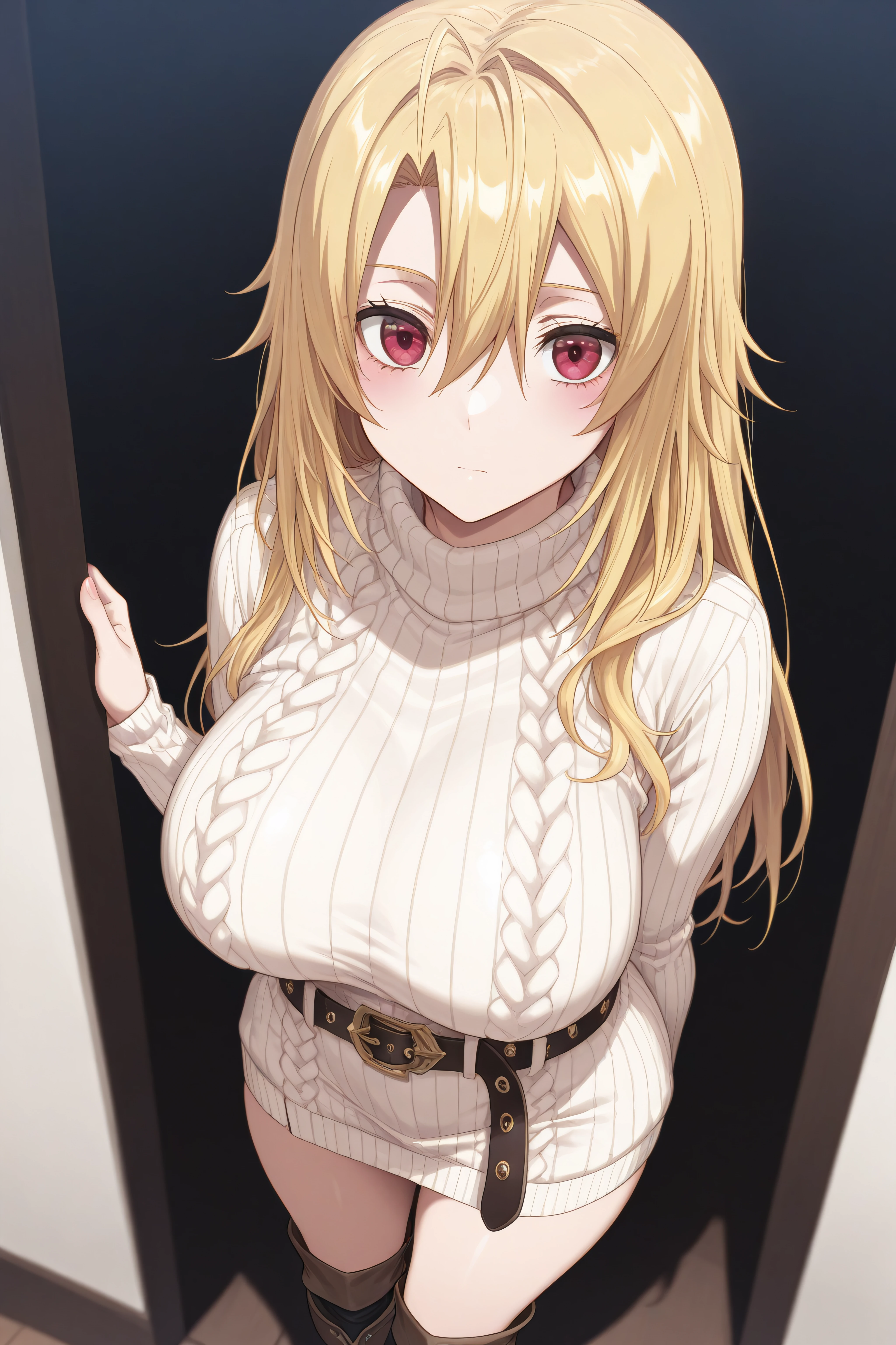 masterpiece, best quality, <lora:Angelica Rapha Redgrave-Illustrious-lora-Faxtron:1> angelica, red eyes, blonde hair, long hair, hair between eyes, large breasts, Ribbed Aran sweater dress with over-the-knee boots and a statement belt