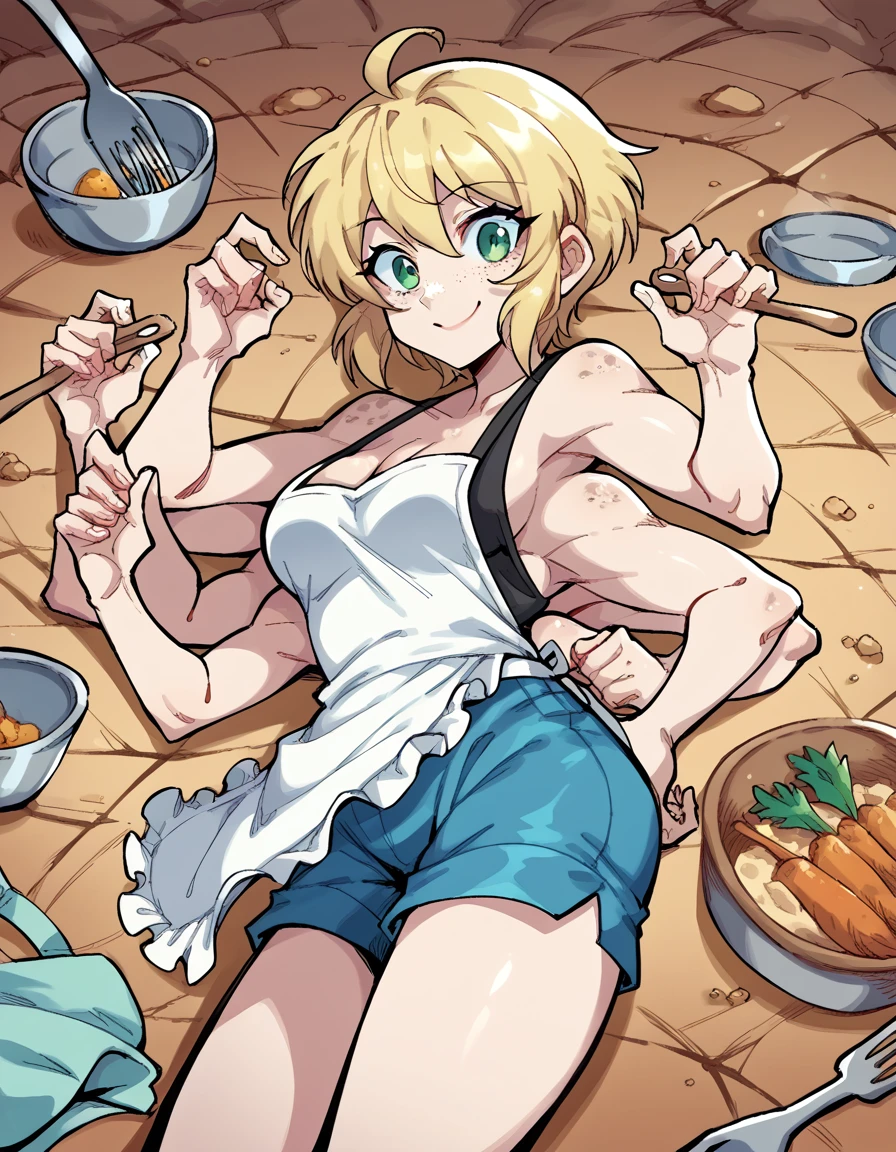 score_9, score_8_up, score_7_up, source_anime, <lora:heather-brown-ponyxl-lora-nochekaiser:1>, heather brown, extra arms,, tank top, cleavage, blue shorts, short shorts, medium breasts, green eyes, blonde hair, short hair, freckles, ahoge,, kitchen, cooking, apron, cutting vegetables, home cooking, smile, <lora:yamcha-pose-ponyxl-lora-nochekaiser:1> yamcha pose, yamcha pose (meme), crater, meme, on side, defeat, lying, on ground, on floor,, looking at viewer, solo,, dutch angle, cowboy shot