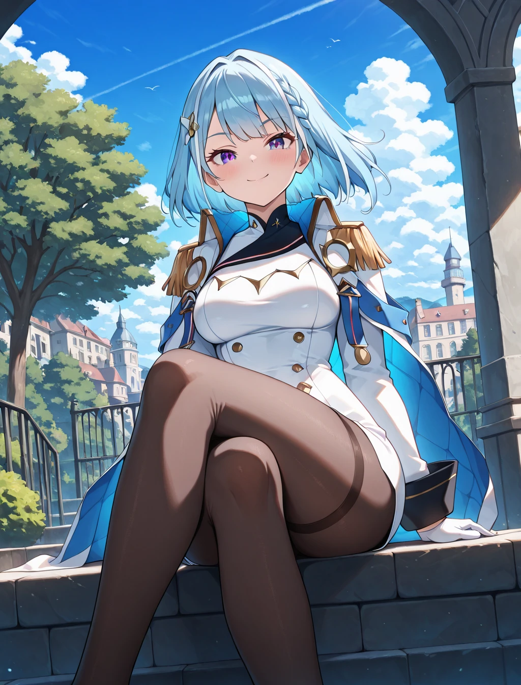 (masterpiece) ,best quality,amazing quality,very aesthetic,absurdres,newest, highres, anime style, BREAK  NC_Landy,  smile, port, fully clothed, safe, pantyhose, park, sitting, crossed legs, no headwear, no cap